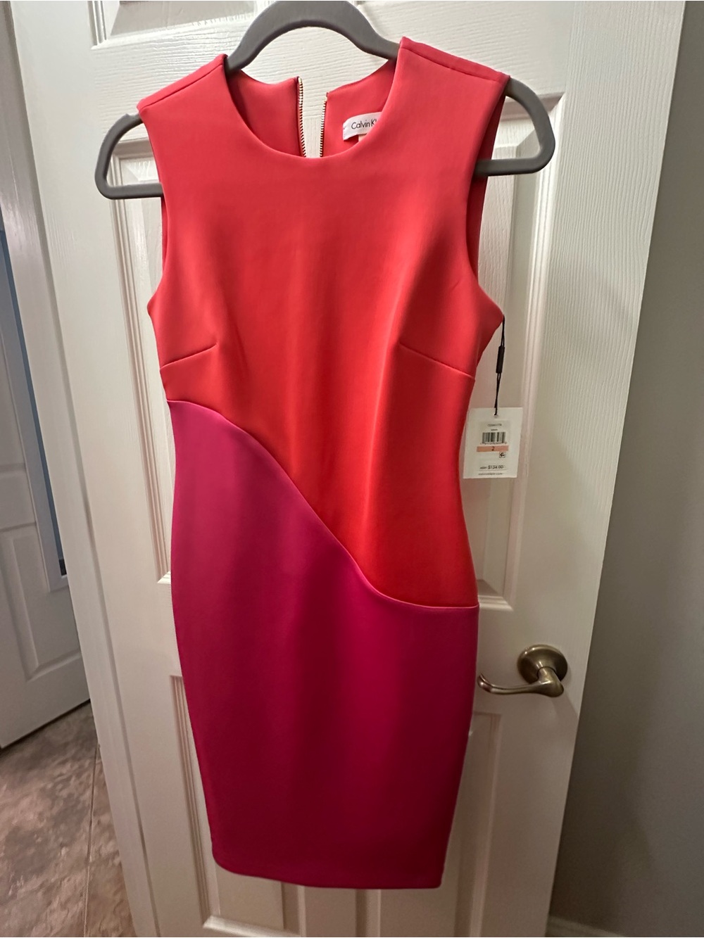 Calvin Klein Coral and Fuchsia Colorblock Midi Sheath Dress